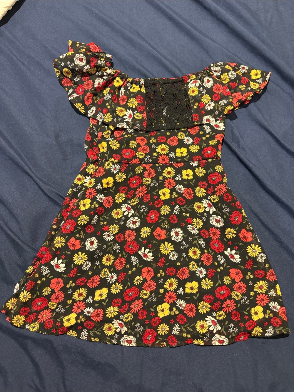 wonder nation Black Floral Off-Shoulder Dress with Red & Yellow Flowers